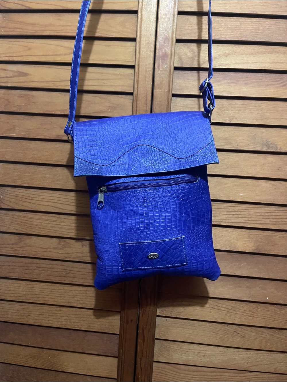Cobalt Croc-Texture Crossbody Bag with Front Zip Pocket